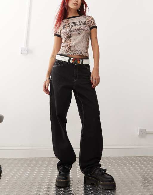 Dr Denim – Faye – Czarne jeansy baggy w stylu worker ze średnim stanem 