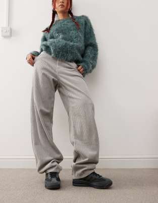 Dr Denim Dr Denim Faye Worker baggy fit mid waist wide leg with workwear detail in light grey cord
