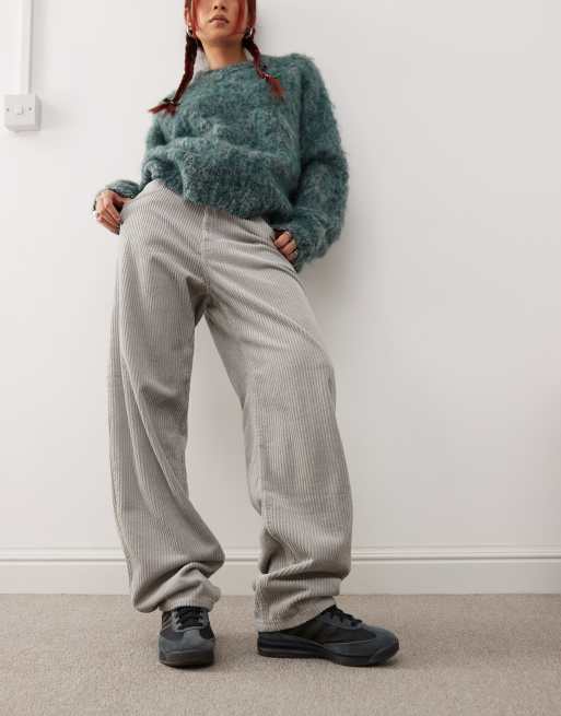 Dr Denim – Faye Worker – Jasnoszare spodnie worker baggy ze średnim stanem i szerokimi nogawkami