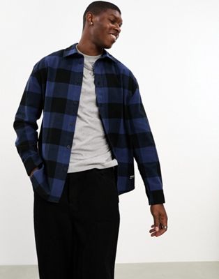 Dr Denim Frank relaxed fit long sleeve flannel shirt in blue indigo check - ASOS Price Checker