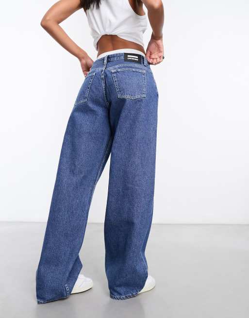 Dr Denim Hill low waist relaxed fit wide straight leg jeans in pebble mid  stone