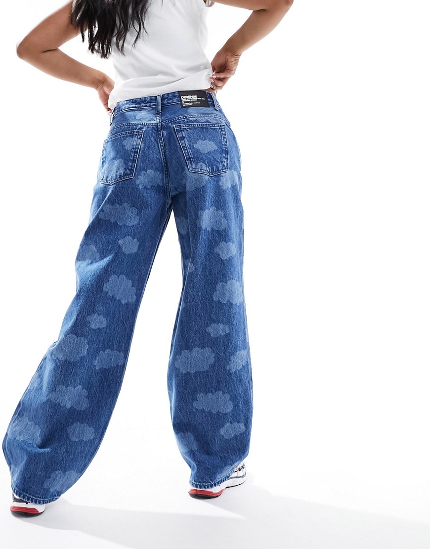 Hill low waist relaxed fit wide straight leg jeans in stream mid retro laser cloud wash-Blue