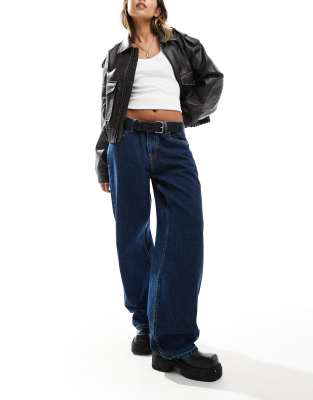 Dr Denim Hill Relaxed Fit Low Rise Wide Straight Leg Jeans In Pebble Dark Retro Blue Wash