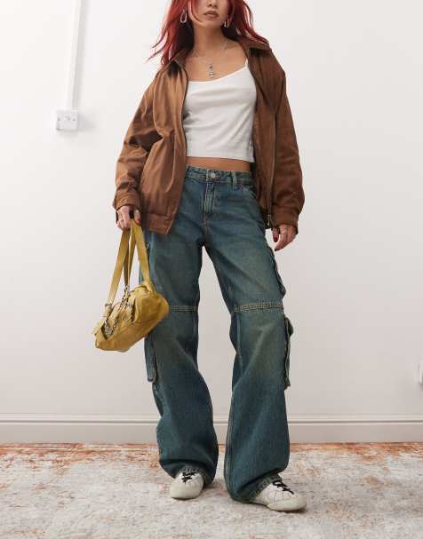 Dr Denim Hill relaxed fit low waist wide leg jeans with cargo pockets in stream mid greenish blue green tint wash - view 1