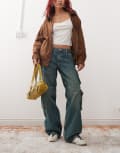 [Dr Denim] Dr Denim Hill relaxed fit low waist wide leg jeans with cargo pockets in stream mid greenish blue green tint wash XL L32 Green tint wash