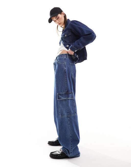 Dr Denim - Hill - Ruimvallende cargojeans met wijde rechte pijpen, lage taille en zakken in 'pebble mid stone'