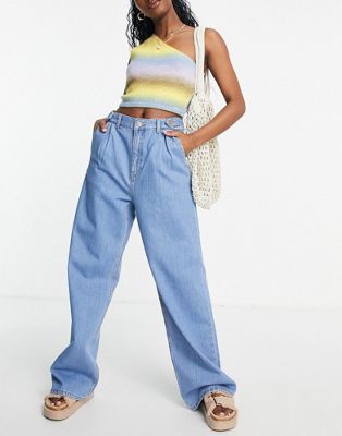 Dr Denim Kaia wide leg jeans with pleat detail in mid wash blue