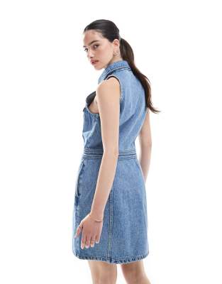 Dr Denim Kinsley Button Front Sleeveless Collared Mini Dress In Blue