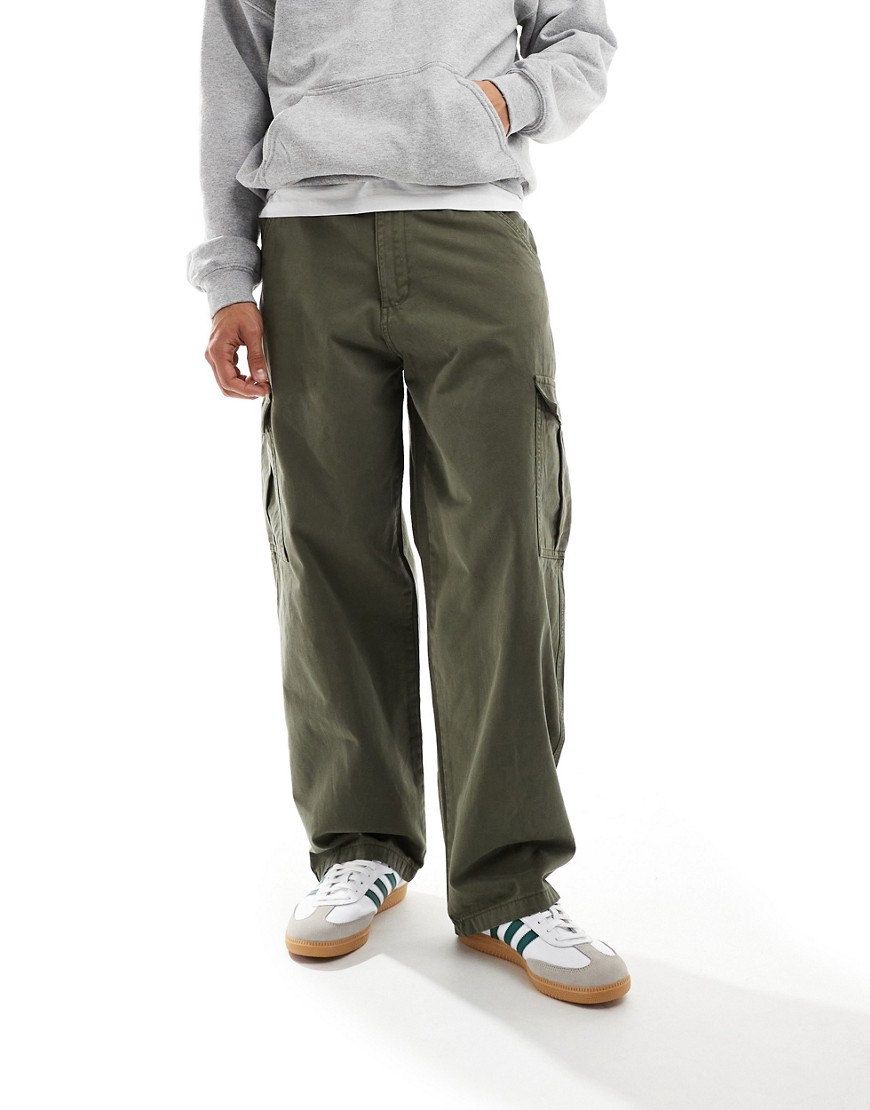Dr Denim Kobe cargo baggy fit mid waist trouser in thyme khaki-Green