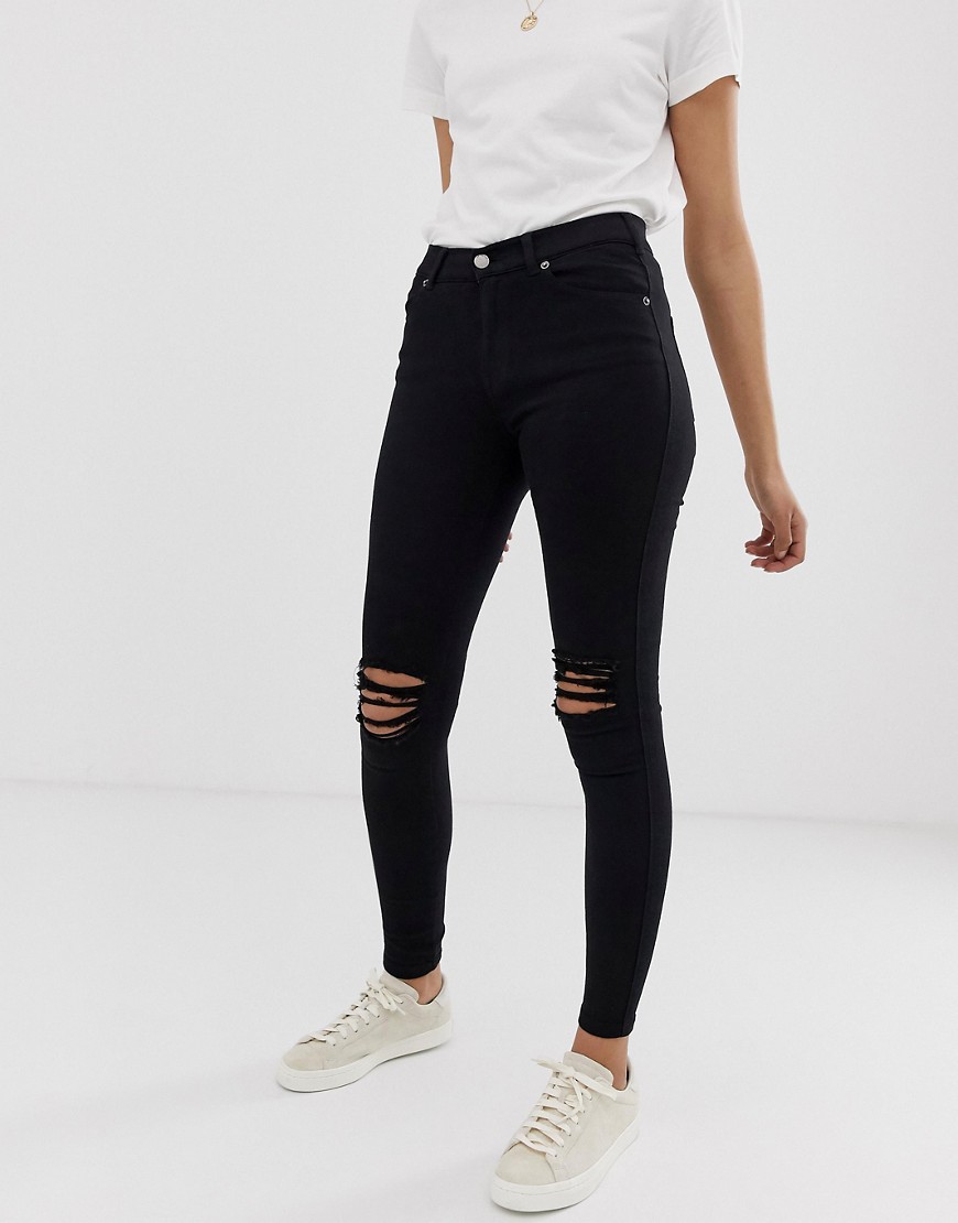 Dr Denim - Lexy - Halfhoge volledig aansluitende superskinny jeans met gescheurde knieën-Zwart