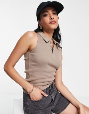 Dr Denim Lila sleeveless top in with collar detail in taupe