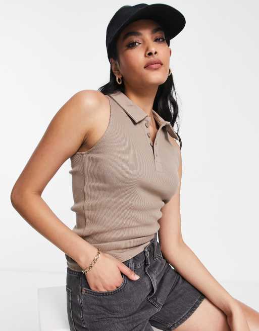 Dr Denim - Lila - Top senza maniche color tortora con colletto