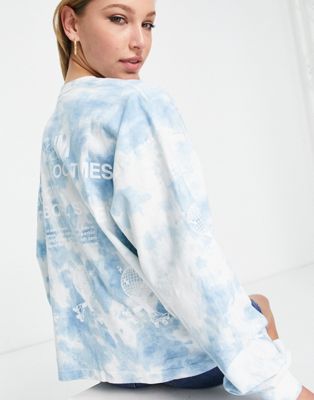 Dr Denim long sleeved top with 'no regrets' logo in blue tie dye