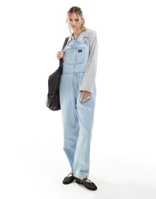 Dr Denim Lydia relaxed fit wide leg denim dungarees in stream light worn wash