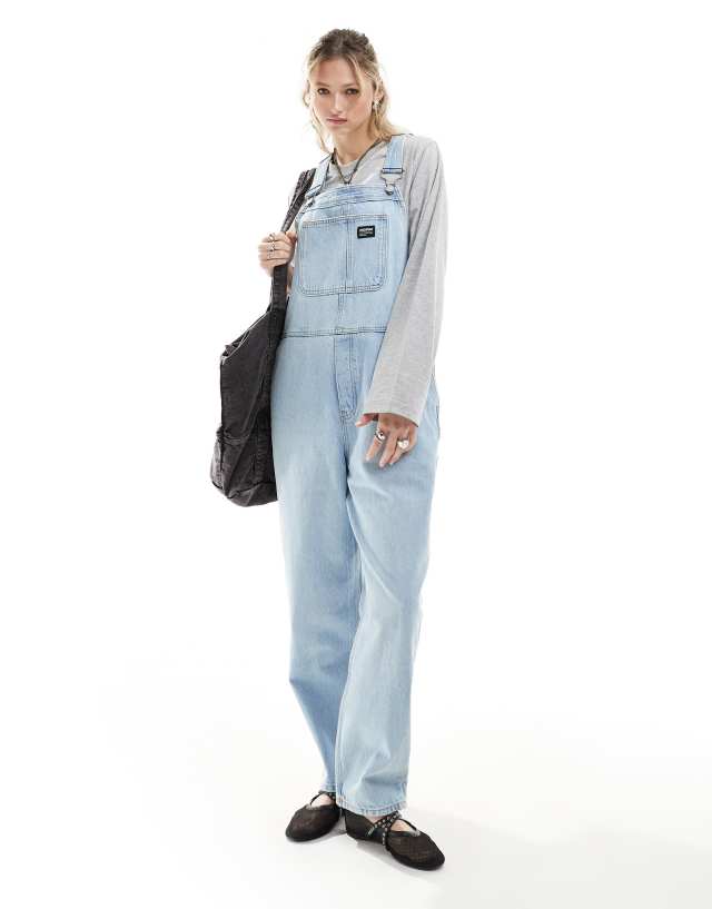 Dr Denim - lydia relaxed fit wide leg denim dungarees in stream light worn wash