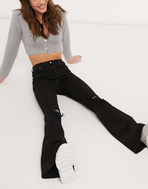 Dr Denim Macy flare jeans with ripped knees in black