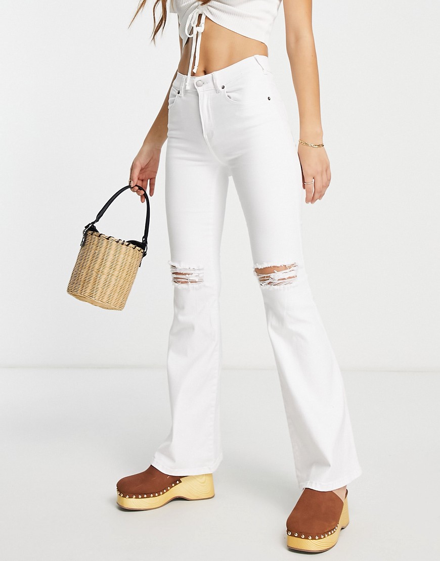 Dr Denim macy high waisted ripped knees flare jeans in white