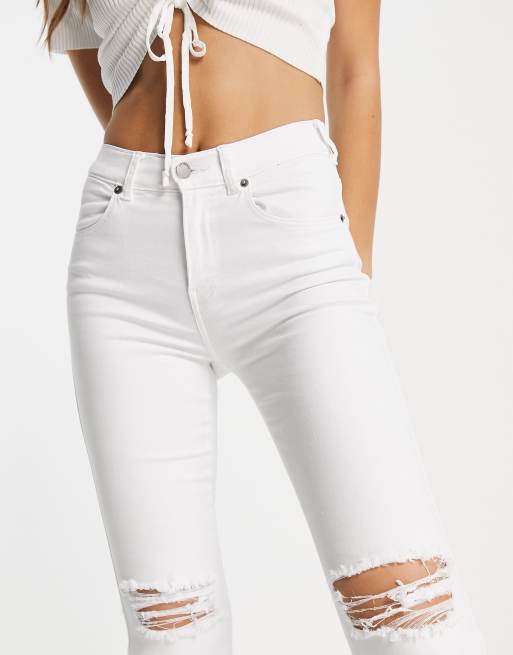 Dr Denim macy waisted ripped knees flare jeans in white | ASOS