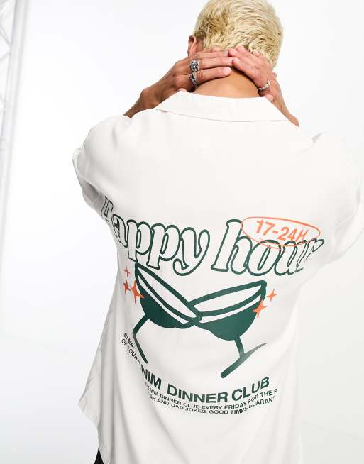 Dr Denim - Madi - Camicia comoda color écru con stampa grafica Happy Hour nera