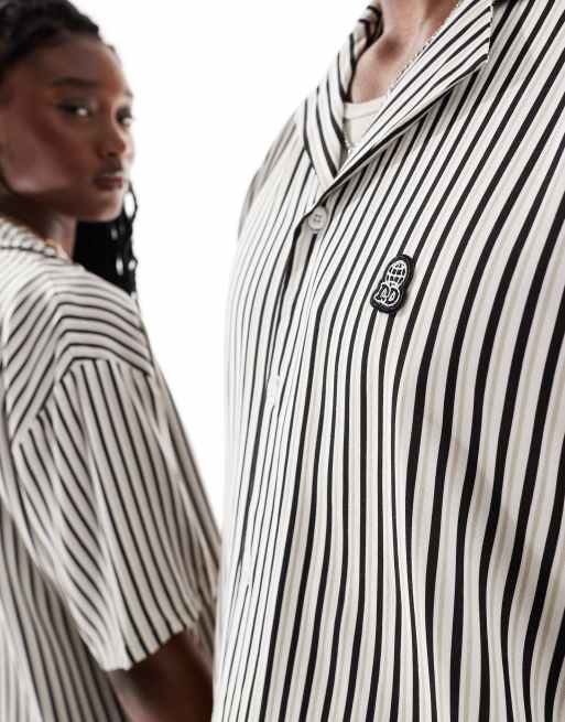 Dr. Denim - Madi - Camicia unisex a maniche corte comoda nera, bianca e verde a righe, 2 di 4