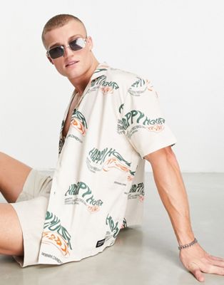 Dr Denim Madi relaxed fit short sleeve shirt in off white with happy hour print