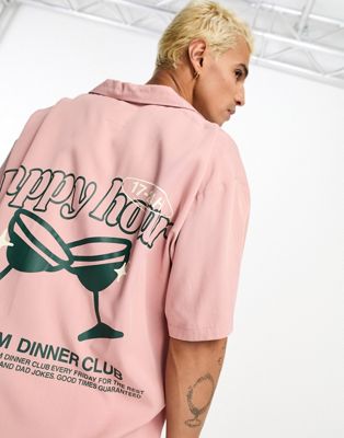 Dr Denim Madi relaxed shirt with happy hour black graphic in blush pink