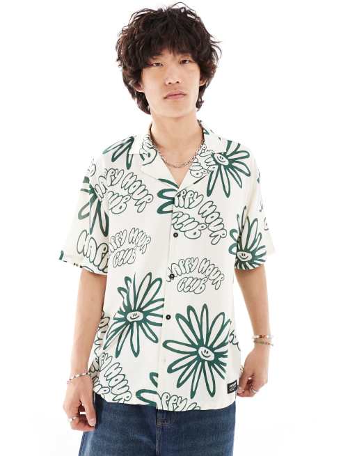 Dr. Denim - Madi - Ruimvallend zomeroverhemd met korte mouwen en groene resort print in ecru