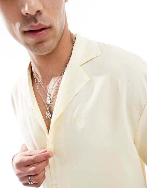 Dr Denim Madi short sleeve relaxed fit resort shirt in butter yellow embroidery, 2 of 4