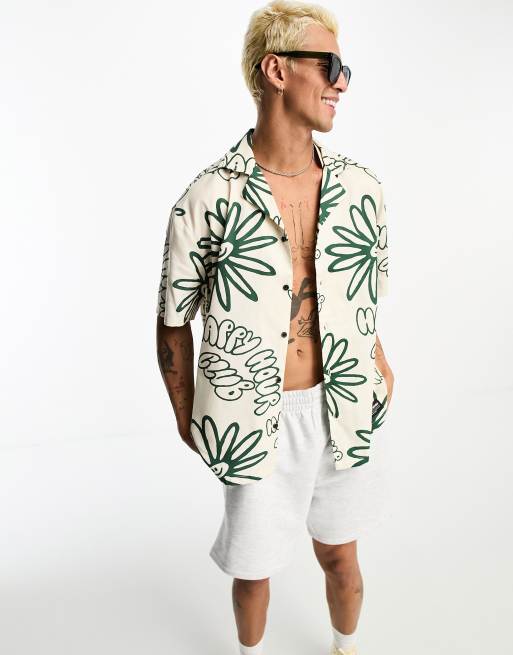 Dr Denim Madi short sleeve relaxed fit shirt in green resort print ecru