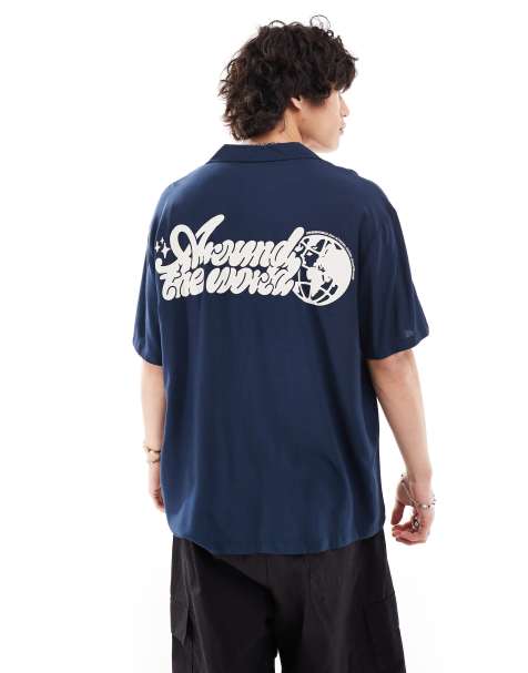 Dr Denim Madi short sleeve relaxed fit shirt with world back graphic print in navy exclusive to ASOS - view 1