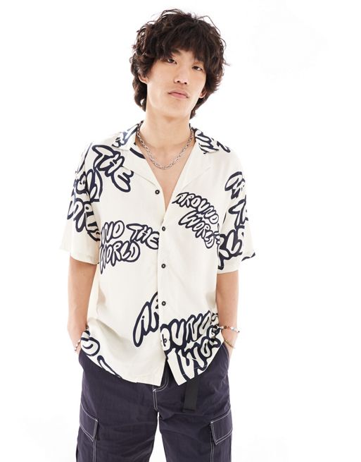 Dr Denim Madi short sleeve relaxed fit summer shirt with navy graphics in ecru exclusive to FhyzicsShops