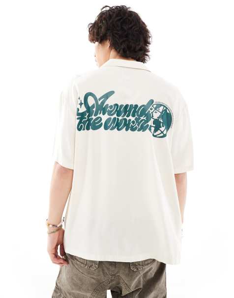 Dr Denim Madi short sleeve relaxed fit summer shirt with world back graphic print in ecru exclusive to ASOS - view 1
