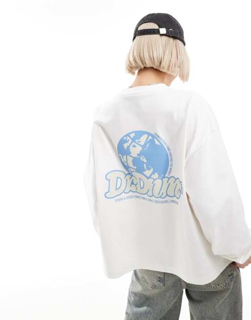 Dr. Denim - Maglietta a maniche lunghe oversize bianco sporco con stampa sulla schiena