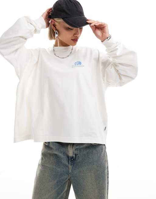 Dr. Denim - Maglietta a maniche lunghe oversize bianco sporco con stampa sulla schiena, 3 di 4