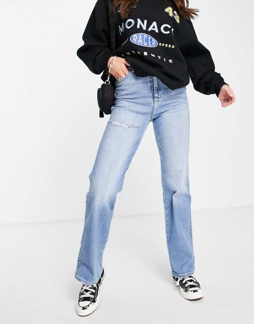 Dr Denim - Moxy - Jeans met rechte pijpen, superhoge taille en scheur op de dij in middenblauw