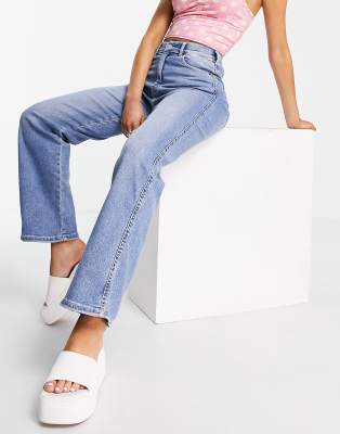 Dr Denim Moxy straight leg jeans with worn hem in mid wash blue