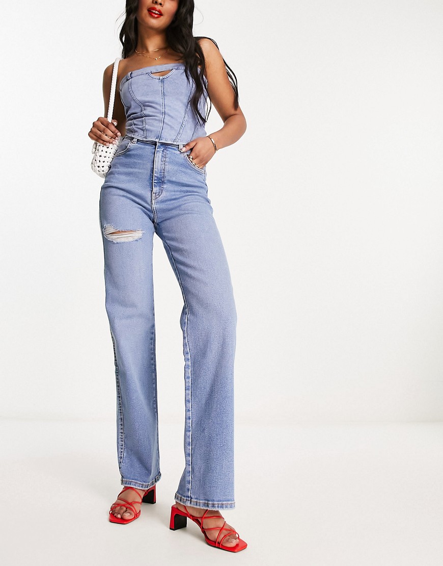 Dr Denim Moxy straight sky high jeans with thigh rip in mid blue