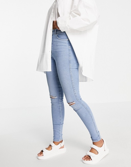 Dr Denim Moxy super high rise jeans with ripped knees in light blue