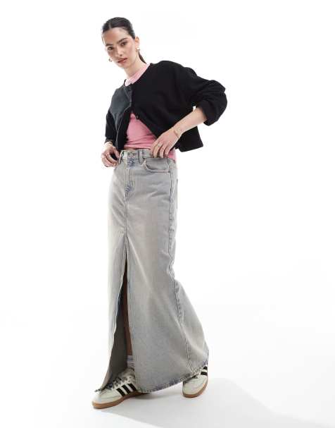 Dr Denim – Myra – Jasnoniebieska jeansowa spódnica midi z rozcięciem z przodu i efektem sprania w stylu vintage - view 1