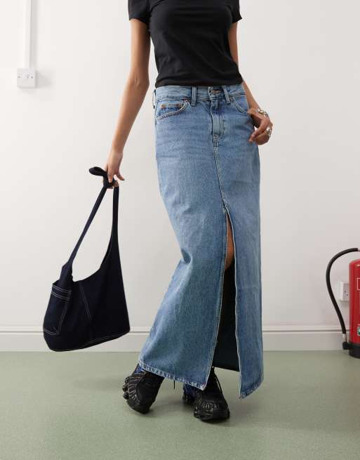 Dr Denim – Myra – Ljusblå, retrotvättad jeanskjol i maxilängd med slits framtill, 2 av 5