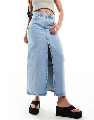 Myra maxi denim skirt with front slit in stream light blue retro wash