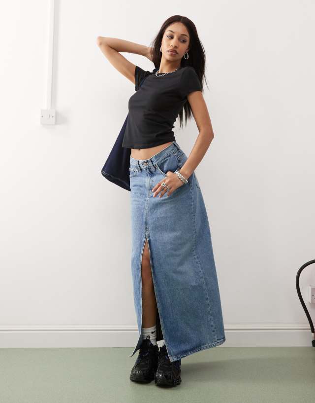 Dr Denim Myra maxi denim skirt with front split in stream light