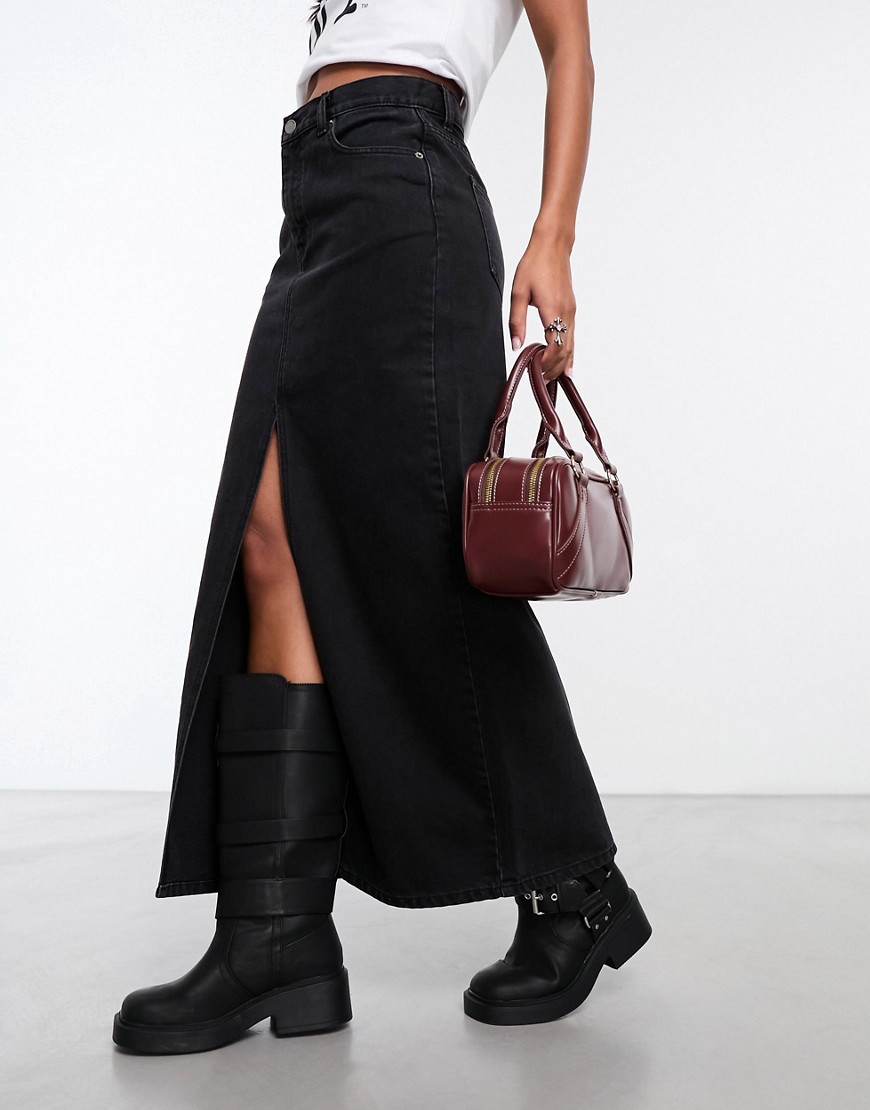 Dr Denim Myra maxi denim skirt with front split in tinted black