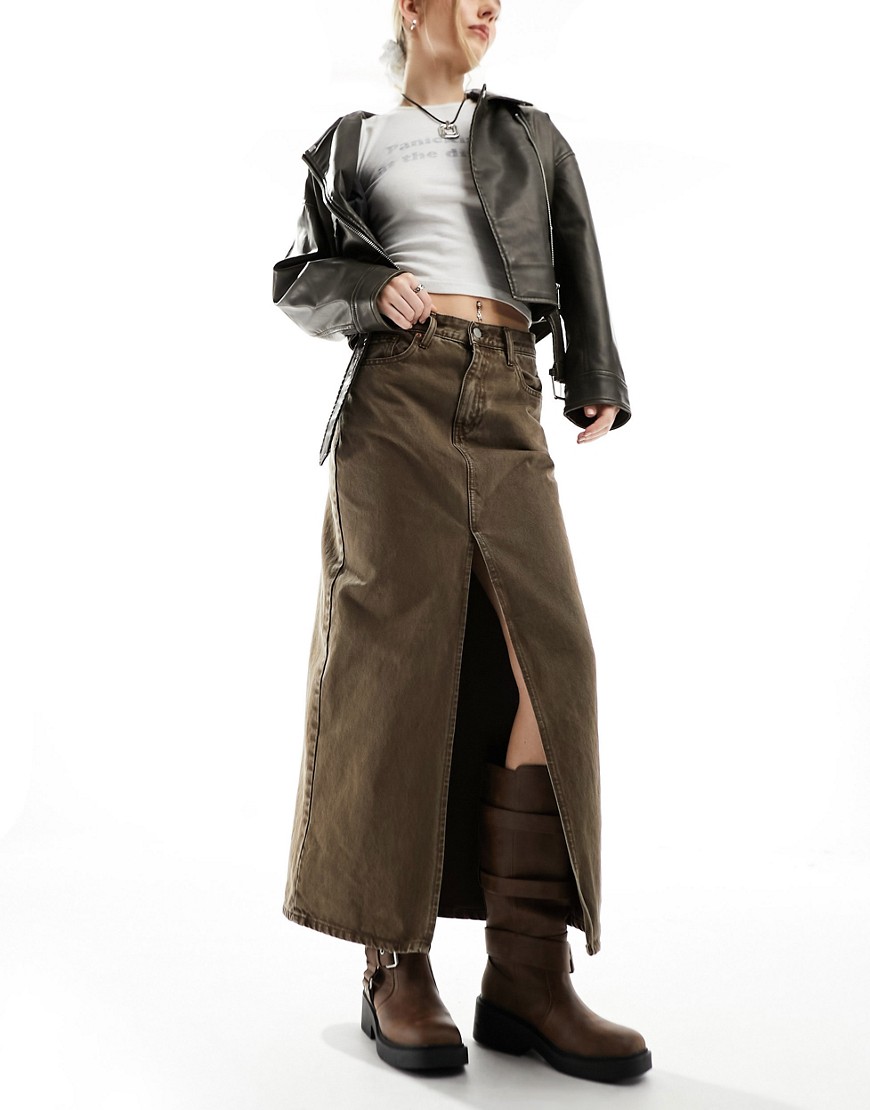Myra maxi denim skirt with front split in washed coffee-Brown