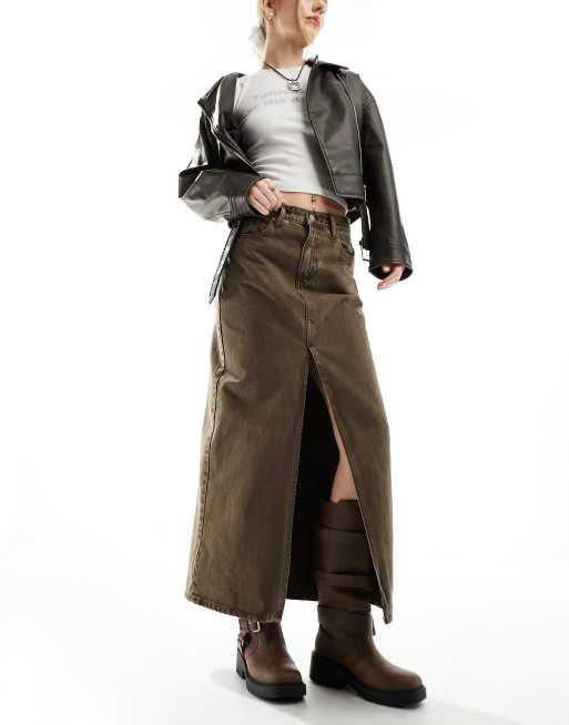 Dr Denim Myra maxi denim skirt with front split in washed coffee