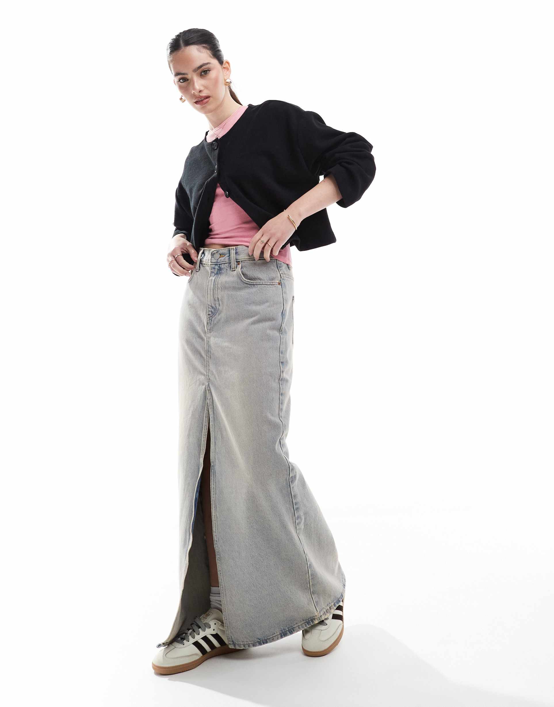 dr denim myra midi denim skirt with front slit in canyon light vintage wash