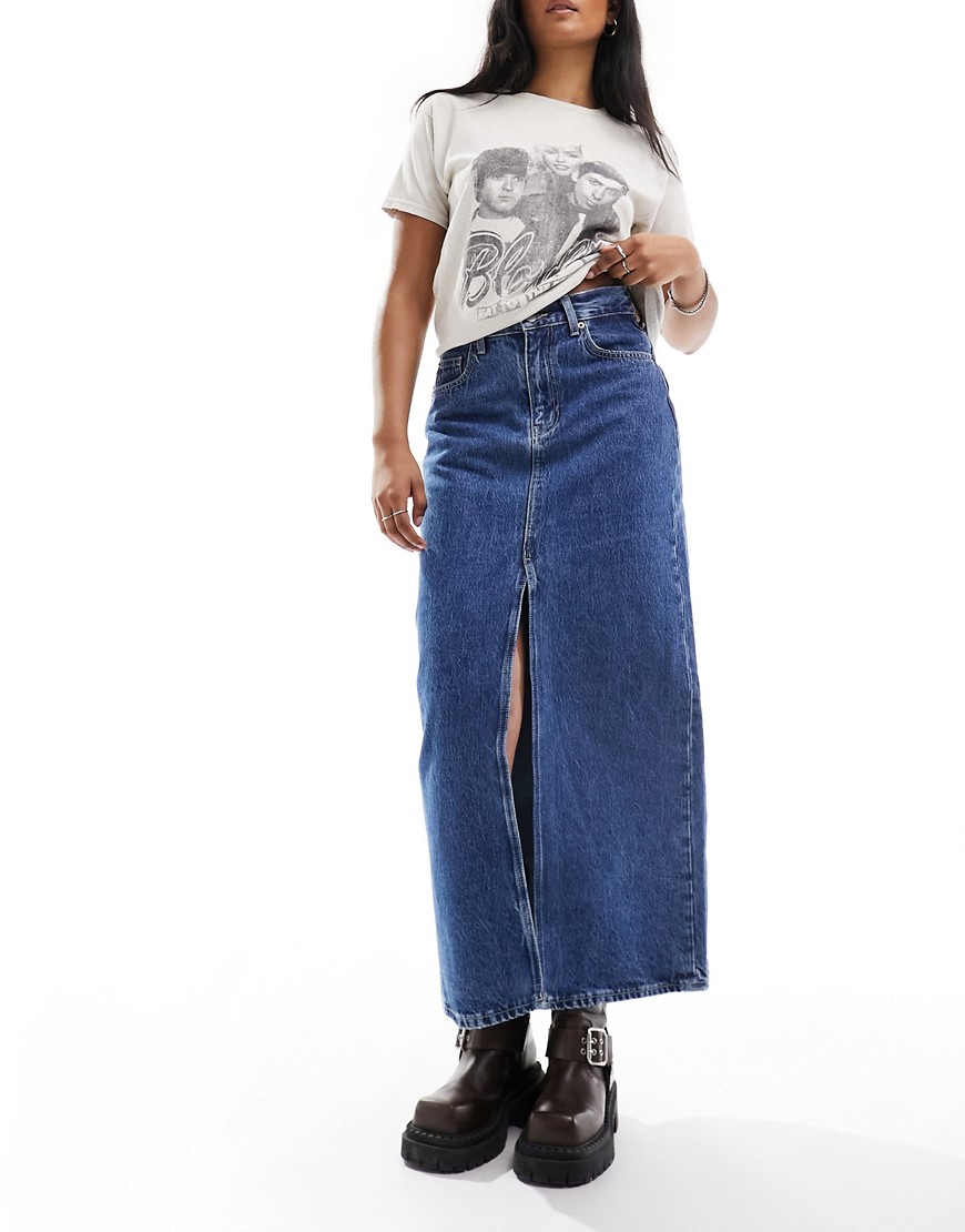 Dr Denim Myra Regular Fit Midi Column Kick Skirt In Stream Mid Retro Wash-blue
