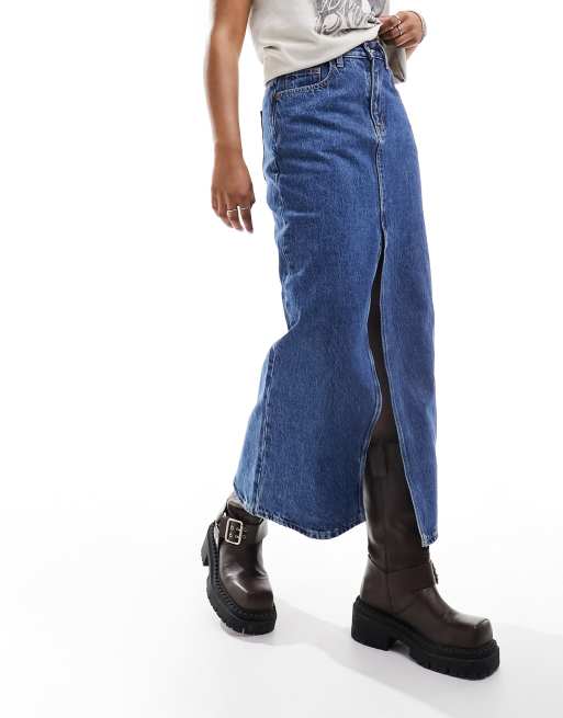 Dr Denim Myra regular fit midi column kick skirt stream in mid retro wash ASOS
