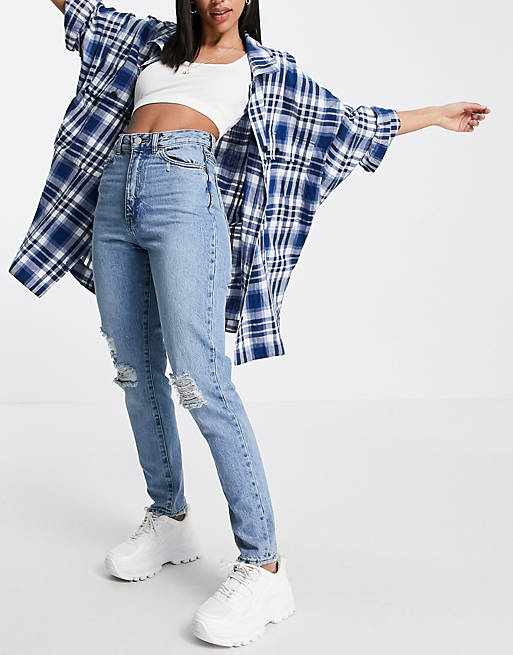  Dr Denim Nora high rise mom jeans with ripped knees in blue 