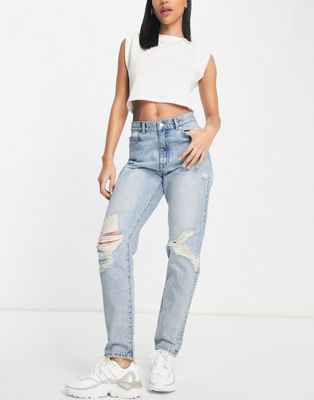 Dr Denim Nora mom jeans with rips in mid wash blue